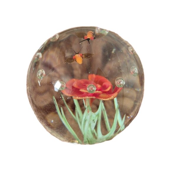 Vintage 1970's Handmade Art Glass Paperweight Flower And Bees 3" - Picture 1 of 6
